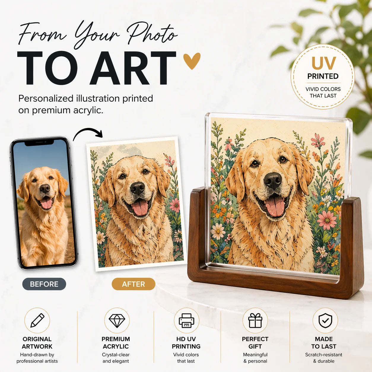 Bespoke Pet Portrait - Custom Illustration UV-Printed Acrylic Art Frame