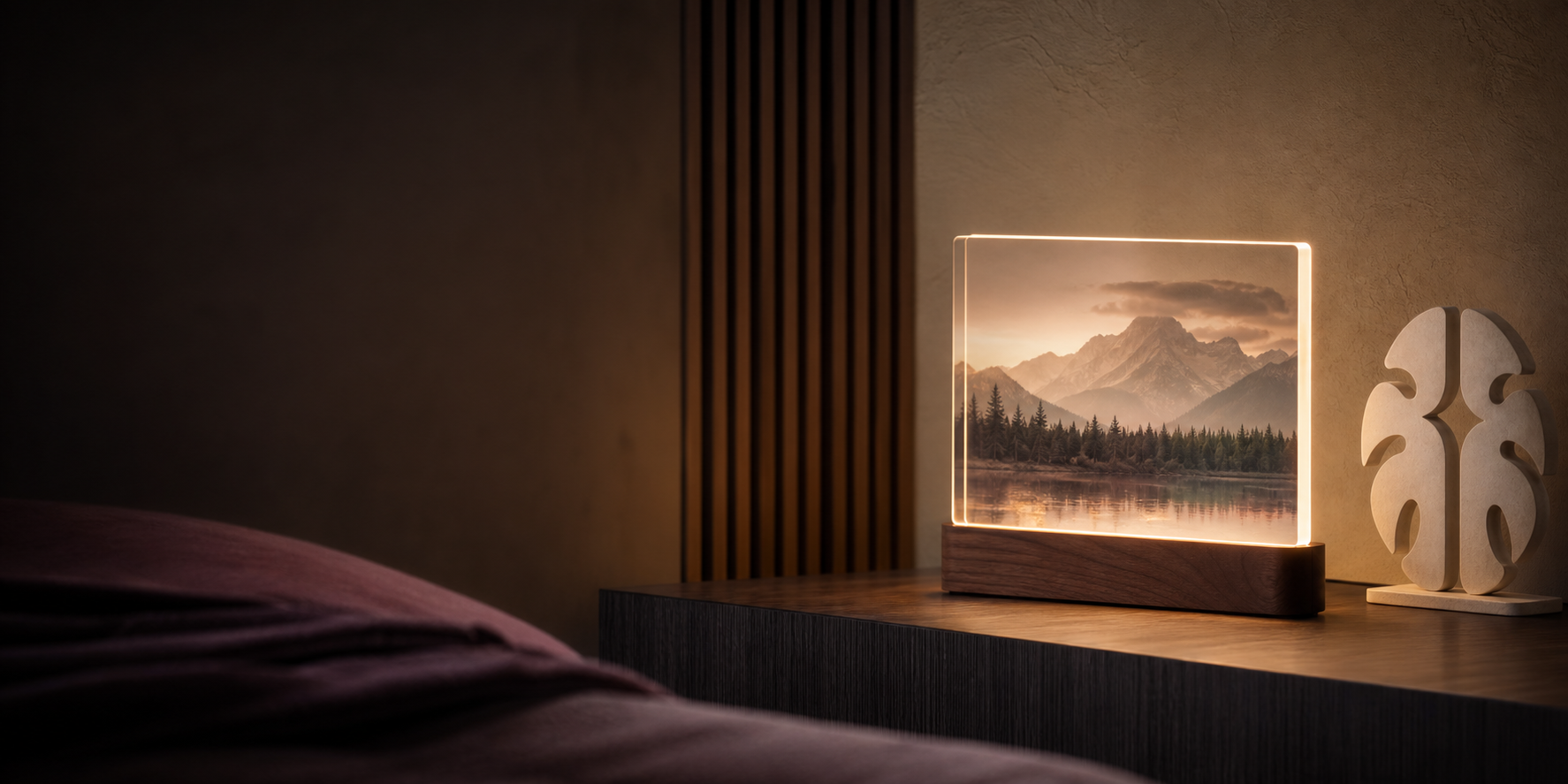 Personalized illuminated acrylic photo plaque in a warm walnut interior